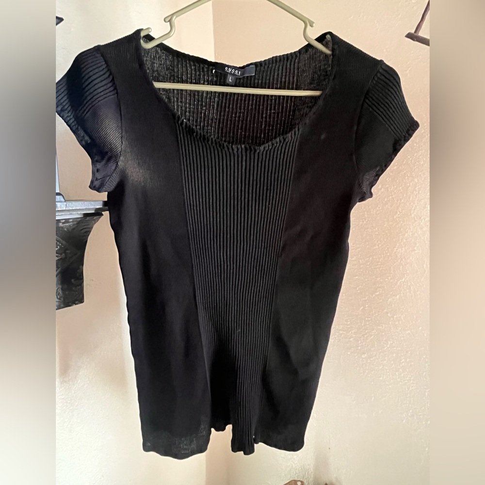 Gucci Black Ribbed Short Sleeve Knit Tee